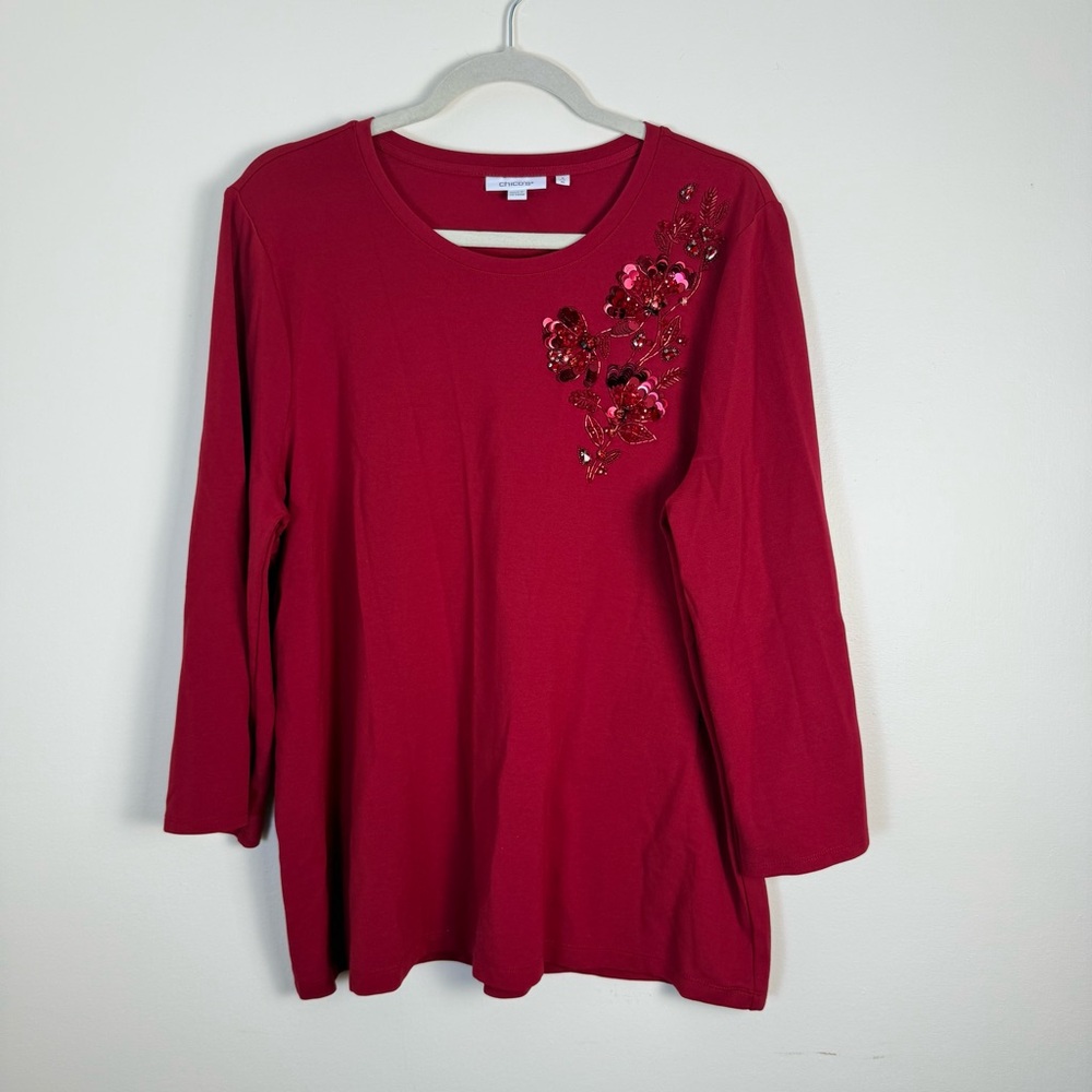 Chico Womens Red Allure Embellished Ponte Top sz 3X Cottagecore Stretch Casual - Picture 2 of 13